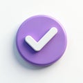 Realistic 3D check icon with glossy white tick on purple circle. Selection, confirmation, approval. Smooth plastic style, Royalty Free Stock Photo