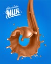 Realistic 3d chocolate Milk Spiral Jet. Abstract milk drop with splashes isolated on blue background.element for Royalty Free Stock Photo