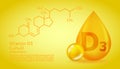 Realistic D3 Cholecalciferol Vitamin drop with structural chemical formula. 3D Vitamin molecule D3 Cholecalciferol