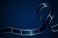 Realistic 3D cinema film strip in perspective. Film reel frame isolated on blue background. Vector template cinema festival with Royalty Free Stock Photo