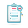 Realistic 3d clipboard, personal document, magnifying glass. Glossy 3d searching file in database, marketing, analytics, checklist