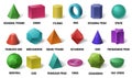 Realistic 3D color basic shapes. Solid colored geometric forms, cylinder and colorful cube shape vector illustration set