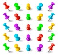 Realistic 3d color thumbtack push pins. Metal needle in different angles isolated vector set. Office paper fixing accessories and