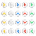 Realistic 3d colorful arrows on round button. Yellow, white, blue, red, green shapes of pointer 3d direction icon, left, right, up Royalty Free Stock Photo