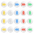 Realistic 3d colorful arrows on round button. Yellow, white, blue, red, green shapes of pointer 3d direction icon, left, right, up Royalty Free Stock Photo