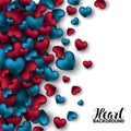 Realistic 3D Colorful Red and blue Romantic Valentine Hearts Valentines love. Vector illustration Background.