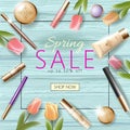 Realistic 3d cosmetic spring sale banner template. Square promotional poster tulip flower blossom wooden turquoise plank Royalty Free Stock Photo