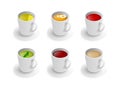 Realistic 3d cup of hot aromatic beverage set. A teacup with green, black, herbal chamomile tea, rooibos red tea, tea with lemon,