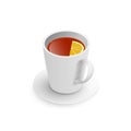 Realistic 3d cup of hot aromatic freshly brewed drink black tea with lemon, saucer. A teacup isometric view isolated on white Royalty Free Stock Photo