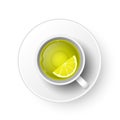 Realistic 3d cup of hot aromatic freshly brewed drink green tea with lemon. A teacup top view isolated on white background. Vector Royalty Free Stock Photo