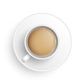 Realistic 3d cup of hot aromatic freshly brewed Indian Masala black tea with milk. A teacup with saucer top view isolated on white