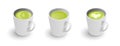 Realistic 3d cup of hot aromatic green Japanese tea matcha latte drink set. A teacup isometric view isolated on white background.