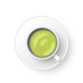 Realistic 3d cup of hot aromatic green Japanese tea matcha latte drink. A teacup top view isolated on white background