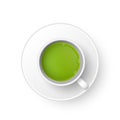 Realistic 3d cup of hot aromatic green Japanese tea matcha. A teacup top view isolated on white background. Vector
