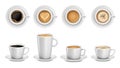 Realistic 3D cups of coffee. White ceramic cup of cappuccino, latte art and coffee shop promotion mockup isolated vector