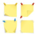 Realistic 3d Detailed Color Pins and Yellow Papers Set. Vector