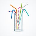 Realistic 3d Detailed Color Plastic Straws in Transparent Glass. Vector