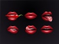 Realistic 3d Detailed Concept of Women`s Sexy Red Lips. Set of lips with pepper, tongue, parted mouth on a dark background. Vecto Royalty Free Stock Photo