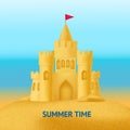 Realistic 3d Detailed Sand Castle with Flag Card . Vector