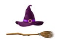 Realistic 3d Detailed Witch Hat and Broom Set. Vector