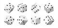 Realistic 3D dice. White casino and betting element. View from different sides on white cube with black dots. Tossed craps set.