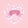 Realistic 3d electric bulb in heart shaped frame with rpink ribbon and love text. Valentines day pink holiday background Royalty Free Stock Photo