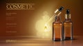 Realistic 3d essence bottle cosmetic ad. Oil droplet falling pipette. Treatment collagen vitamin serum. Brown
