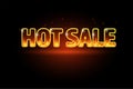 Realistic 3D Fire burning text Hot Sale, special offer banner. Hot red flame glowing on black barckground. For seasonal discount Royalty Free Stock Photo