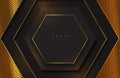 Realistic 3d futuristic frame background black gold geometric element. Vector golden geometry shape on black surface