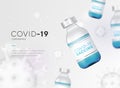 Realistic 3d glass ampoules with medicine. Vaccine injection. corona virus infection, novel coronavirus disease 2019