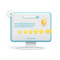 Realistic 3d glossy computer, rating feedback with stars, search bar. Customer 3d quality review, user rating, feedback score icon Royalty Free Stock Photo