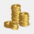 Realistic 3d gold dollar coin stacks isolated on transparent background. Royalty Free Stock Photo