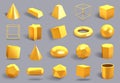 Realistic 3D gold shapes. Golden metal geometric shape, shiny yellow gradient cube, sphere and prism figures vector