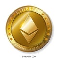 Realistic 3d golden Ethereum coin.