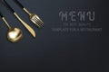 Realistic 3D golden fork, knife and spoon on a black grunge background. Fashionable modern poster for a restaurant. Top Royalty Free Stock Photo