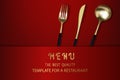 Realistic 3D golden fork, knife and spoon on a red background. Fashionable modern poster for a restaurant. Top view Royalty Free Stock Photo