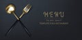 Realistic 3D golden fork and spoon on a black grunge background. Fashionable modern poster for a restaurant. Top view Royalty Free Stock Photo