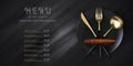 Realistic 3D golden fork and spoon on a black grunge background. Fashionable modern poster for a restaurant. Top view Royalty Free Stock Photo