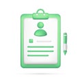 Realistic 3d green clipboard, personal document with user icon, pen. Glossy 3d contract management, job application, hr symbol,