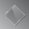 Realistic 3d horizontal rectangular glass frame isolated on grey transparent background. Creative border plate object