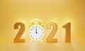 Realistic 3D illustration alarm clock year 2021 happy new year number 2021 gold calendar background for greeting card 3D rendering