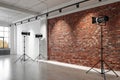 Realistic 3D brick wall with projectors in studio interior Royalty Free Stock Photo