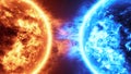 Realistic 3d illustration Fire Planet Vs Frozen Planet. Sun surface with solar flares against Frozen planet isolated on black