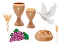 Isolated christian symbols: wood chalice with wine, dove, grapes, bread, ears of wheat. 3D realistic illustration Royalty Free Stock Photo