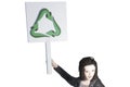 Realistic 3D illustration woman activist of the ecological movement holding in her hand a sign with the recycling symbol to avoid