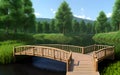 Realistic 3D illustration wooden bridge in nature landscape environment for background Royalty Free Stock Photo