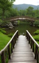 Realistic 3D illustration wooden bridge in nature landscape environment for background Royalty Free Stock Photo