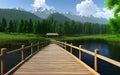 Realistic 3D illustration wooden bridge in nature landscape environment for background Royalty Free Stock Photo