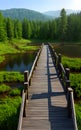 Realistic 3D illustration wooden bridge in nature landscape environment for background Royalty Free Stock Photo