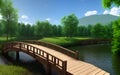 Realistic 3D illustration wooden bridge in nature landscape environment for background Royalty Free Stock Photo